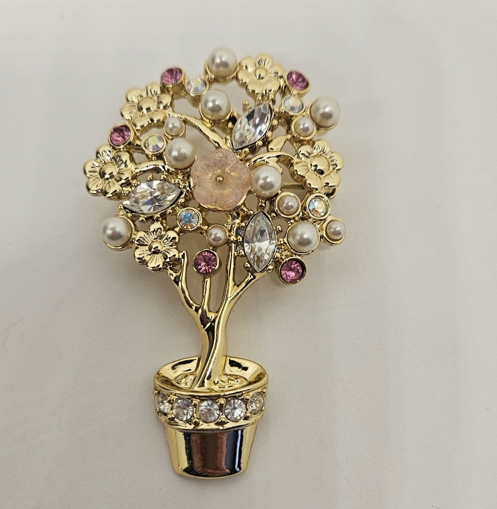 Danecraft Flower Pot Brooch Pin Pink Rhinestones Crystals Pearls